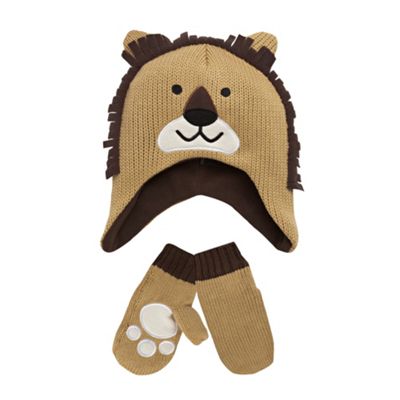 Boys brown lion hat and mittens set