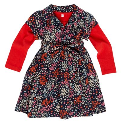 Designer girl's navy floral print dress and red top                                                                             