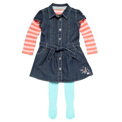 Girls blue denim dress with t-shirt and tights