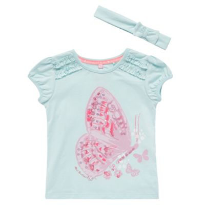 Girls aqua butterfly print t-shirt and headband