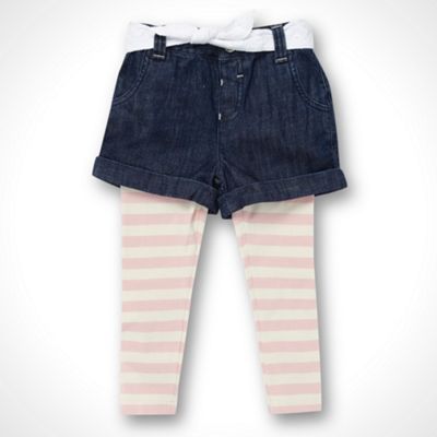 Girl's blue denim shorts and pink striped leggings                                                                              