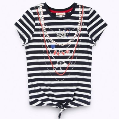 bluezoo Girls navy striped necklace print t-shirt