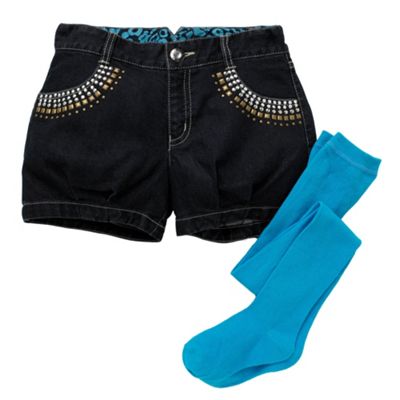 Dark blue denim shorts with tights