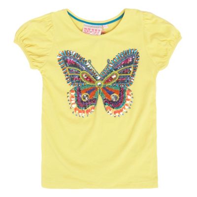 Girls light yellow butterfly embellished t-shirt