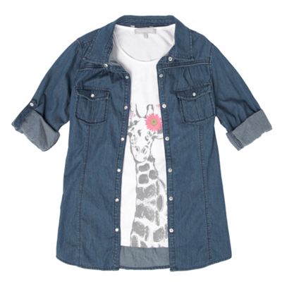 Dark blue denim girls shirt with t-shirt set