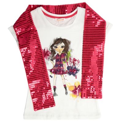 Girls white illustrated t-shirt and scarf set