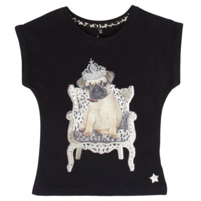 Girls black pug motif short sleeve t-shirt