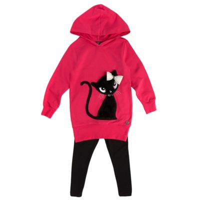Girls Dark Pink Fluffy Cat Hoodie And Black Leggings