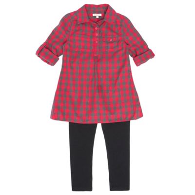Girls Dark Red Check Shirt And Leggings Set