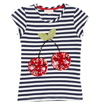 bluezoo Girls navy and white striped cherry t-shirt