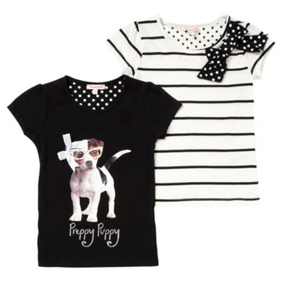 Girls Pack Of Two Black And Cream Preppy Puppy T-shirts