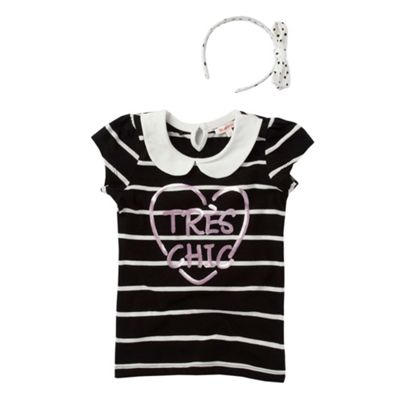 bluezoo Girls black striped t-shirt and hair band set