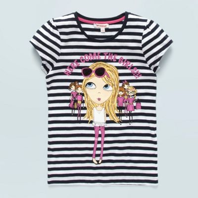 bluezoo Girls navy striped slogan t-shirt