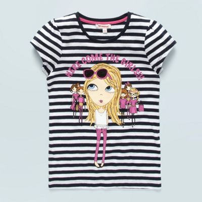 Girls navy striped slogan t-shirt