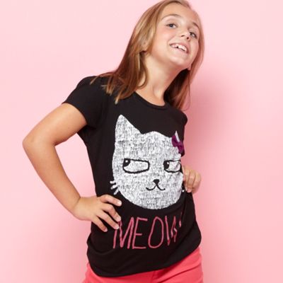 Girls black sketched cat motif t-shirt
