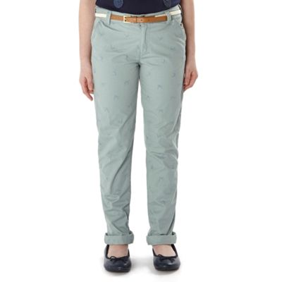 Designer girl's aqua embroidered bird chinos                                                                                    