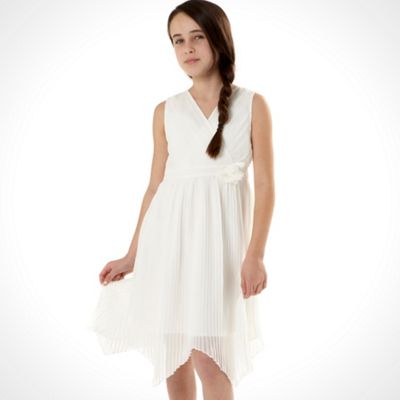 Designer girl's ivory pleated crossover dress                                                                                   