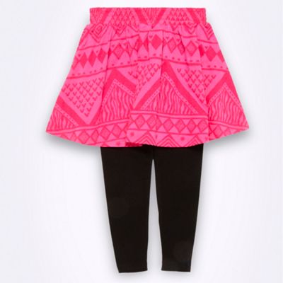 Girl's bright pink 2-in-1 aztec skater skirt and leggings                                                                       