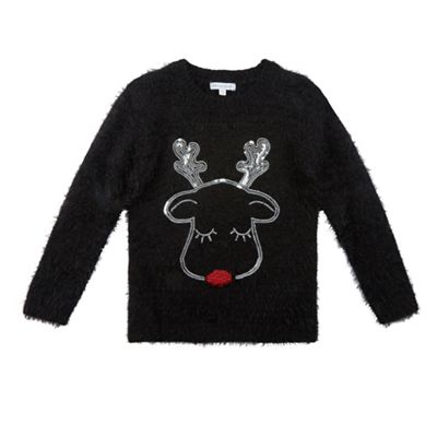 bluezoo - Girls' black light up nose reindeer Christmas jumper