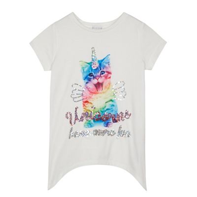bluezoo - Girls' white cat unicorn print t-shirt