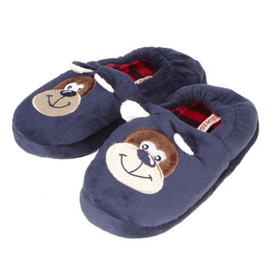 Boys navy embroidered monkey slippers