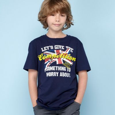 Boys navy slogan and Union Jack print t-shirt