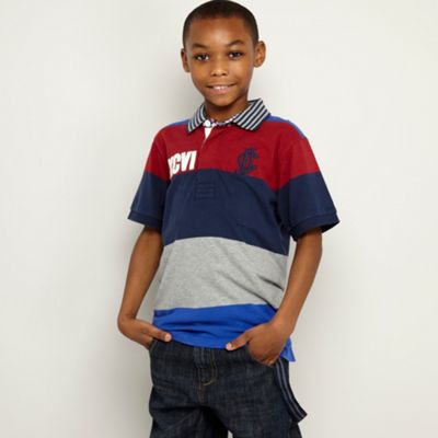 Boys navy colour block striped polo t-shirt