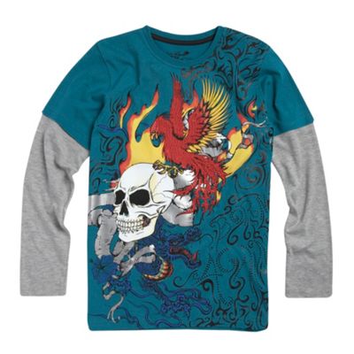 Red Herring Turquoise long sleeve tattoo skull t-shirt