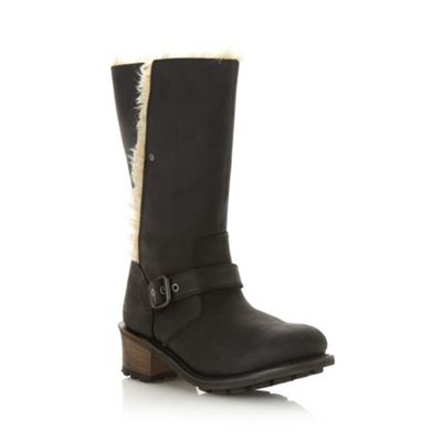 Black leather faux fur trimmed biker boots                                                                                      