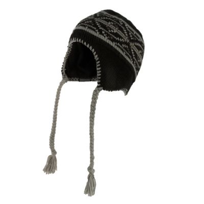 This navy patterned knit Peruvian hat features knitted ear flaps a .