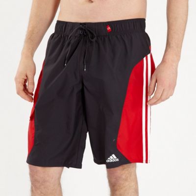 Red three stripe long swim shorts