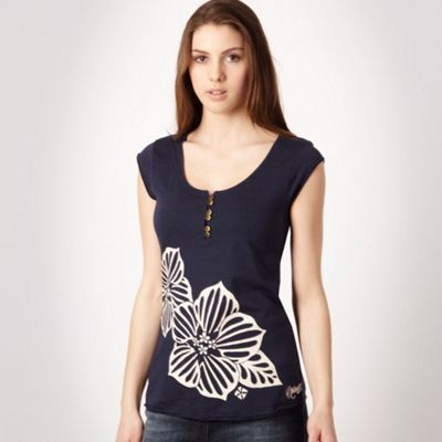 Animal Navy button neck flower t-shirt
