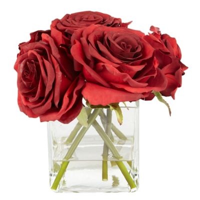 Red roses in square vase
