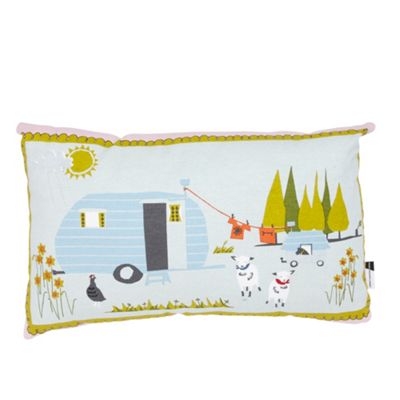 Blue caravan scene cushion                                                                                                      