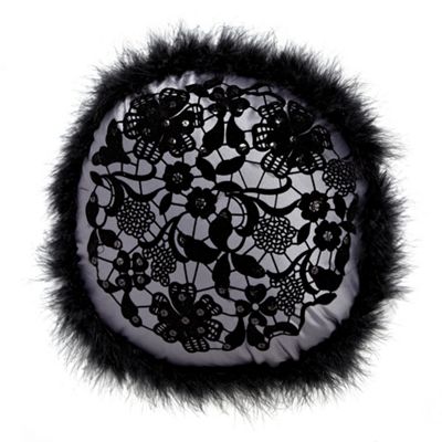 Black velvet lace patterned round cushion