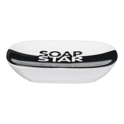 Black text ceramic soap dish