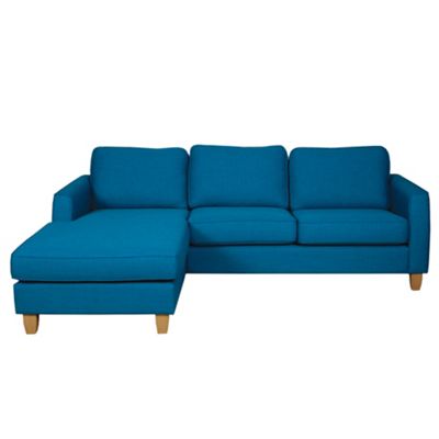 Teal Dante fabric sofa with left facing chaise long with light feet