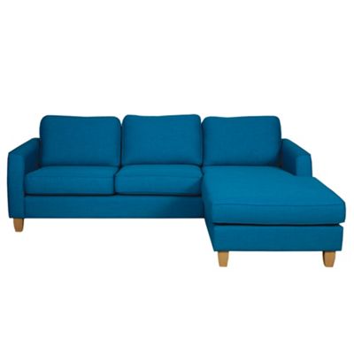 Teal Dante fabric sofa with right facing chaise long with light feet