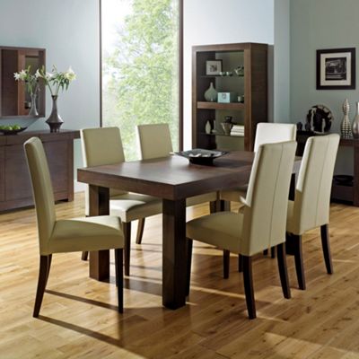 Walnut Akita medium extending table & four taper back ivory upholstered chairs