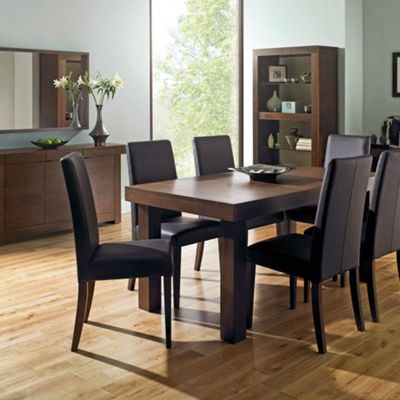 Walnut Akita medium extending table & four taper back brown upholstered chairs