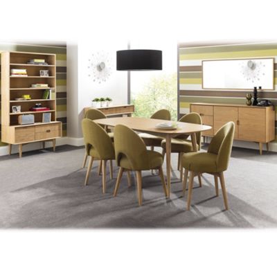 Oak Orbit dining table and six upholstered chairs