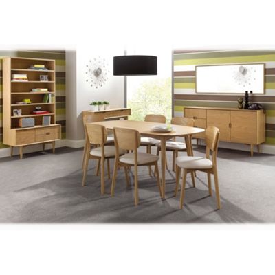 Debenhams Oak Orbit dining table and six veneer chairs