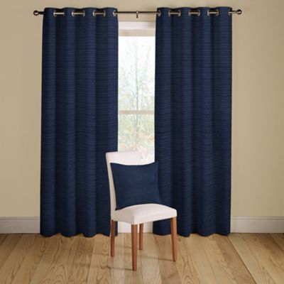 Navy Rib Plain lined curtains with eyelet heading