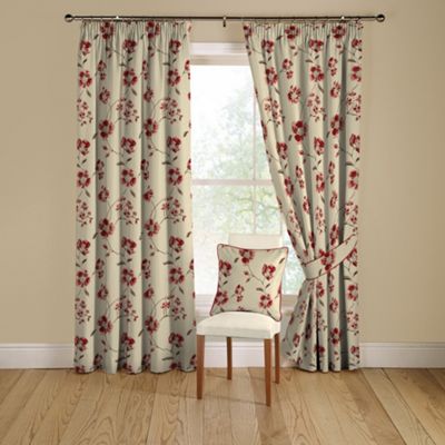 Red Pansy lined curtains with pencil heading
