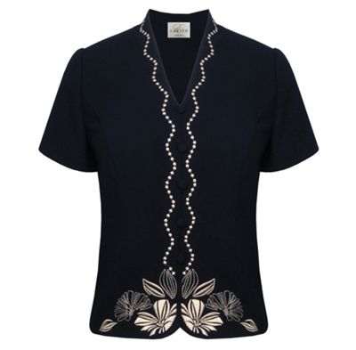 Eastex Navy embroidered crepe short sleeve blouse