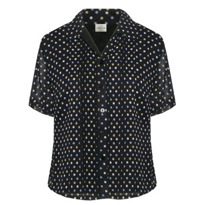 Eastex Navy multi spot short sleeve pintuck blouse