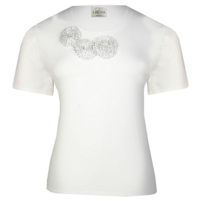 Ivory short sleeve chiffon rosette trim t-shirt