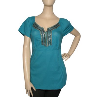 Ann Harvey Turquoise Notch Neck Embellished Blouse