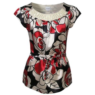 Red short sleeve silk blouse