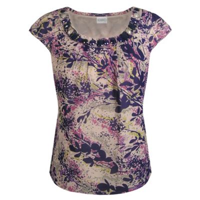 Purple Blossom Print Beaded Neck Blouse